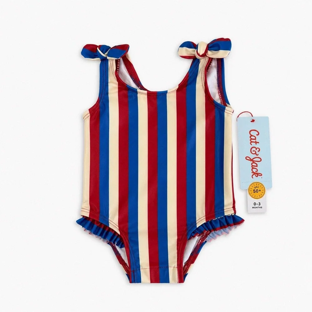 Cat & Jack Infant Girls Striped One‎ Piece Swimsuit Red White Blue 0-3M UPF 50+